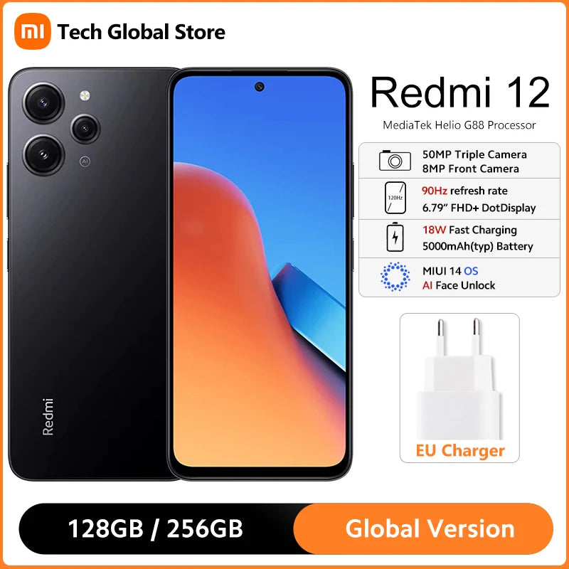 Versão global xiaomi redmi 12 mediatek helio g88 6.79 "90hz fhd + display 50mp ai câmera tripla ip53 à prova dwaterproof água 5000mah bateria