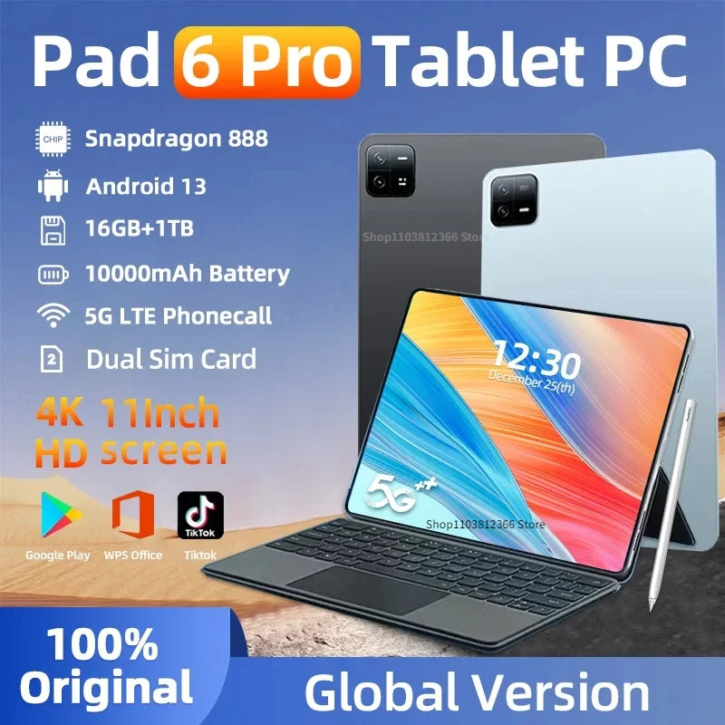 2024 original almofada 6 pro snapdragon 888 versão global tablet pc android 13 ram 16gb rom 1tb 5g hd 4k tela wifi mi