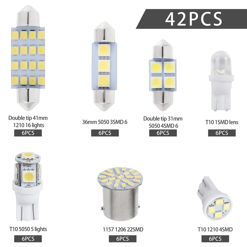 42 peças led luzes interiores do carro t10 6000k smd led substituição placa de licença/lâmpadas de leitura xenon branco interior lâmpadas