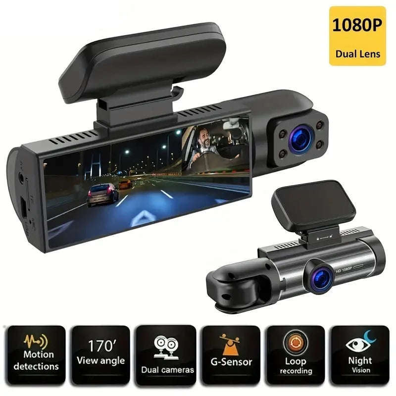 Câmera dupla 1080P, câmera de painel para carros, frontal e interna, câmera de carro com visão noturna infravermelha, gravação em loop, câmera DVR de carro de ângulo amplo