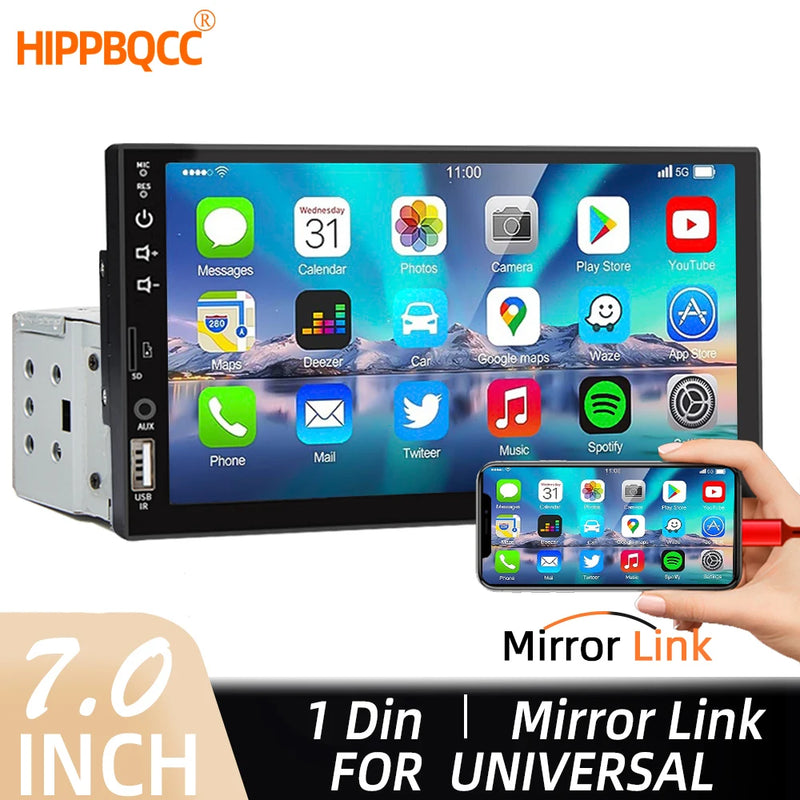 HIPPBQCC 7 Inch Car Radio 1 Din MP5 Mirror Link Multimedia Player Touch Screen FM USB Bluetooth Aux Input ISO Power Auto Radio