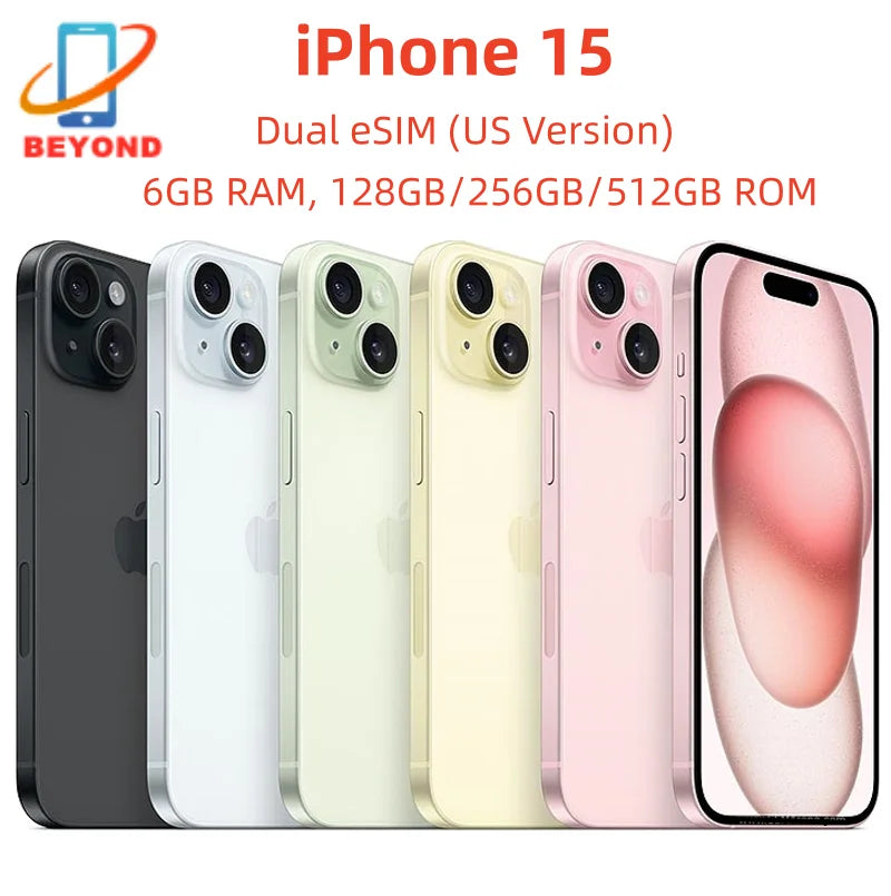 iPhone 15 Dual eSIM 6.1 "Genuine Super Retina XDR OLED 128/256/512 GB ROM 6 GB RAM Face ID NFC A16 Original 98% novo telefone celular 5G