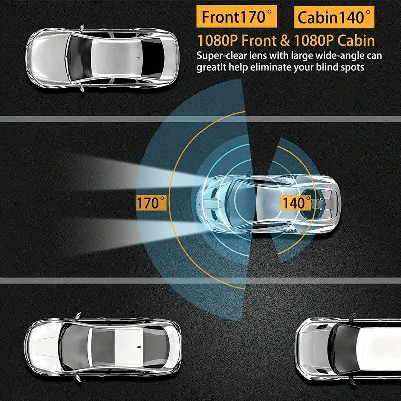 Câmera dupla 1080P, câmera de painel para carros, frontal e interna, câmera de carro com visão noturna infravermelha, gravação em loop, câmera DVR de carro de ângulo amplo